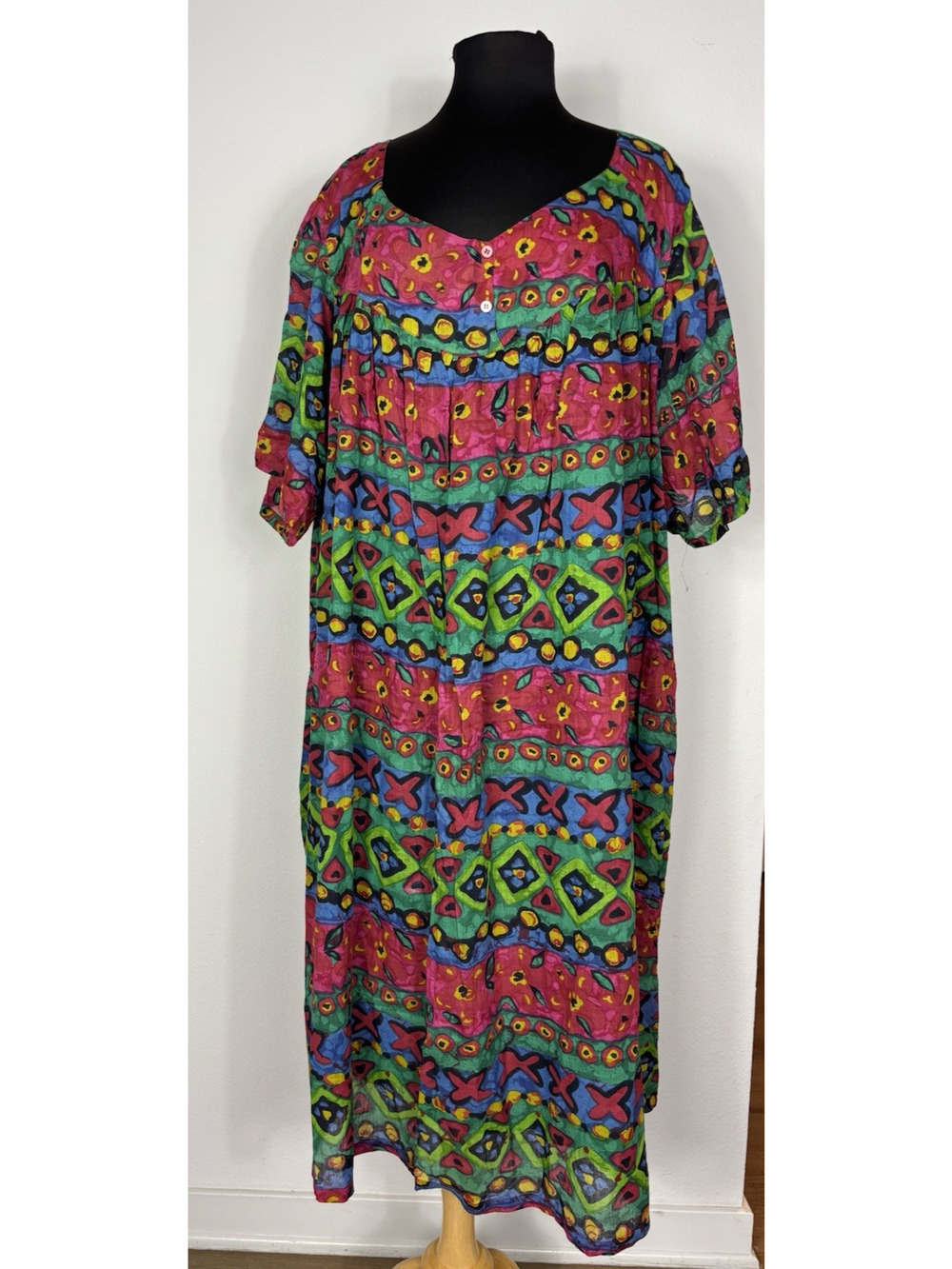 Vintage It's About Time Nepal Cotton Caftan Dress 1X Boho Hippe Festival Maxi